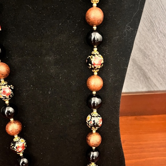Vintage Signed JAPAN Black Brown Tensha Flowers Beads Beaded 31" Necklace. - Picture 6 of 13